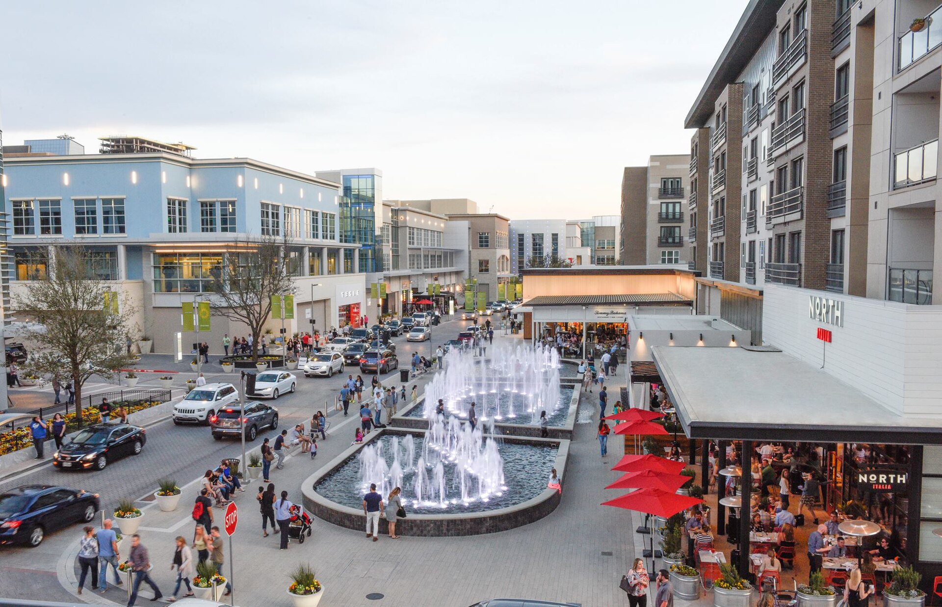 Public plaza and fountain at Legacy West in Plano, Texas