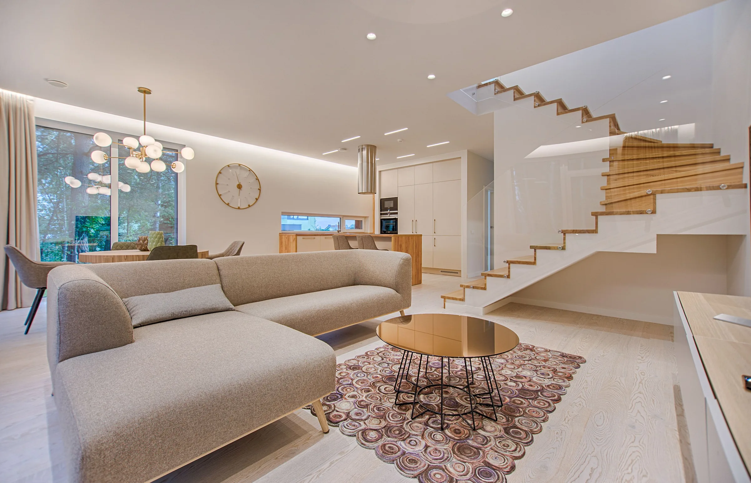 Illustrative contemporary residential interior with a staircase